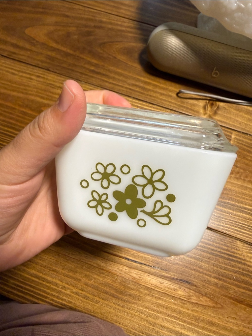 Pyrex White Glass Container with Olive Green Floral Design